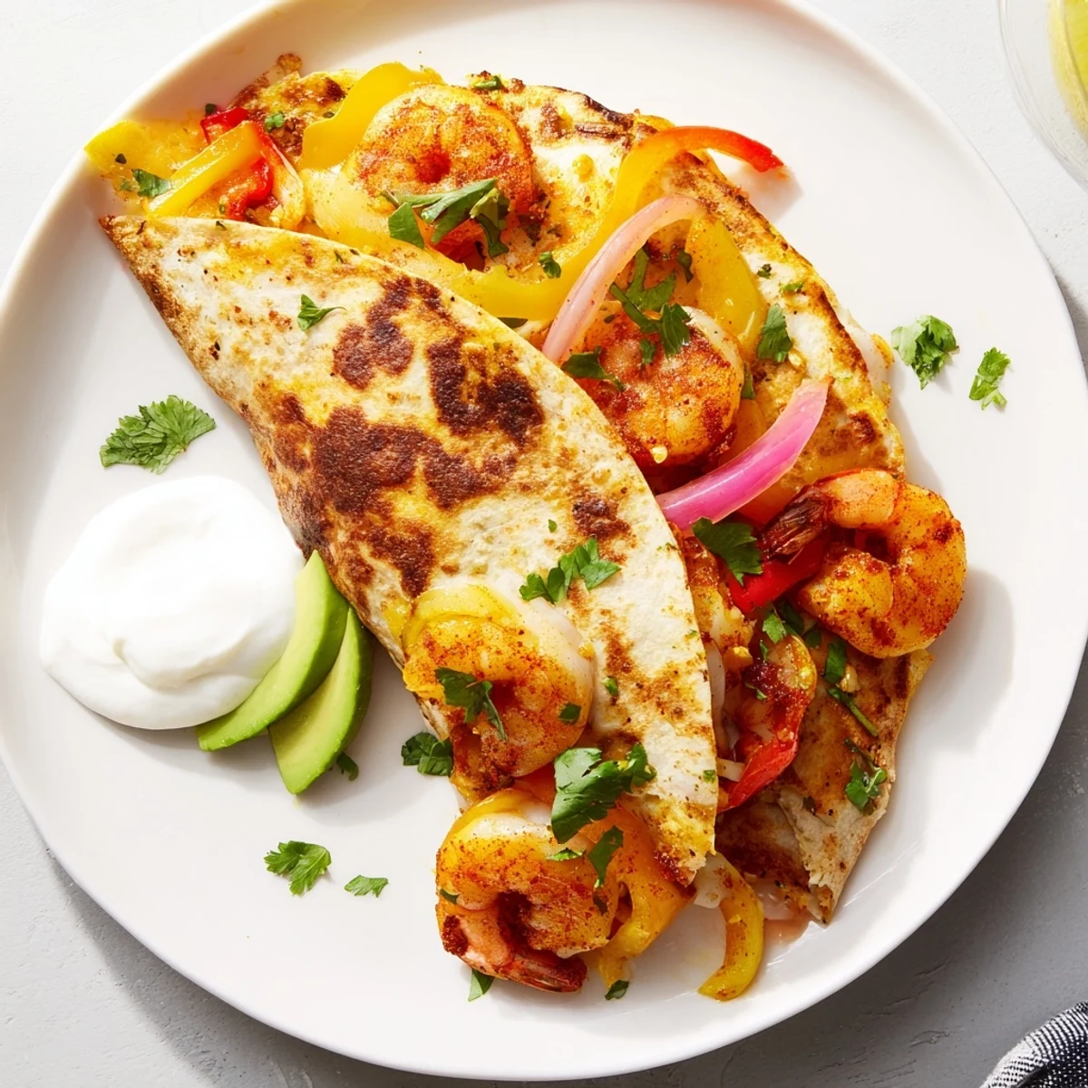 Sizzling Shrimp Fajita Sheet Pan Quesadillas baked to crispy perfection, served with lime wedges and fresh cilantro.