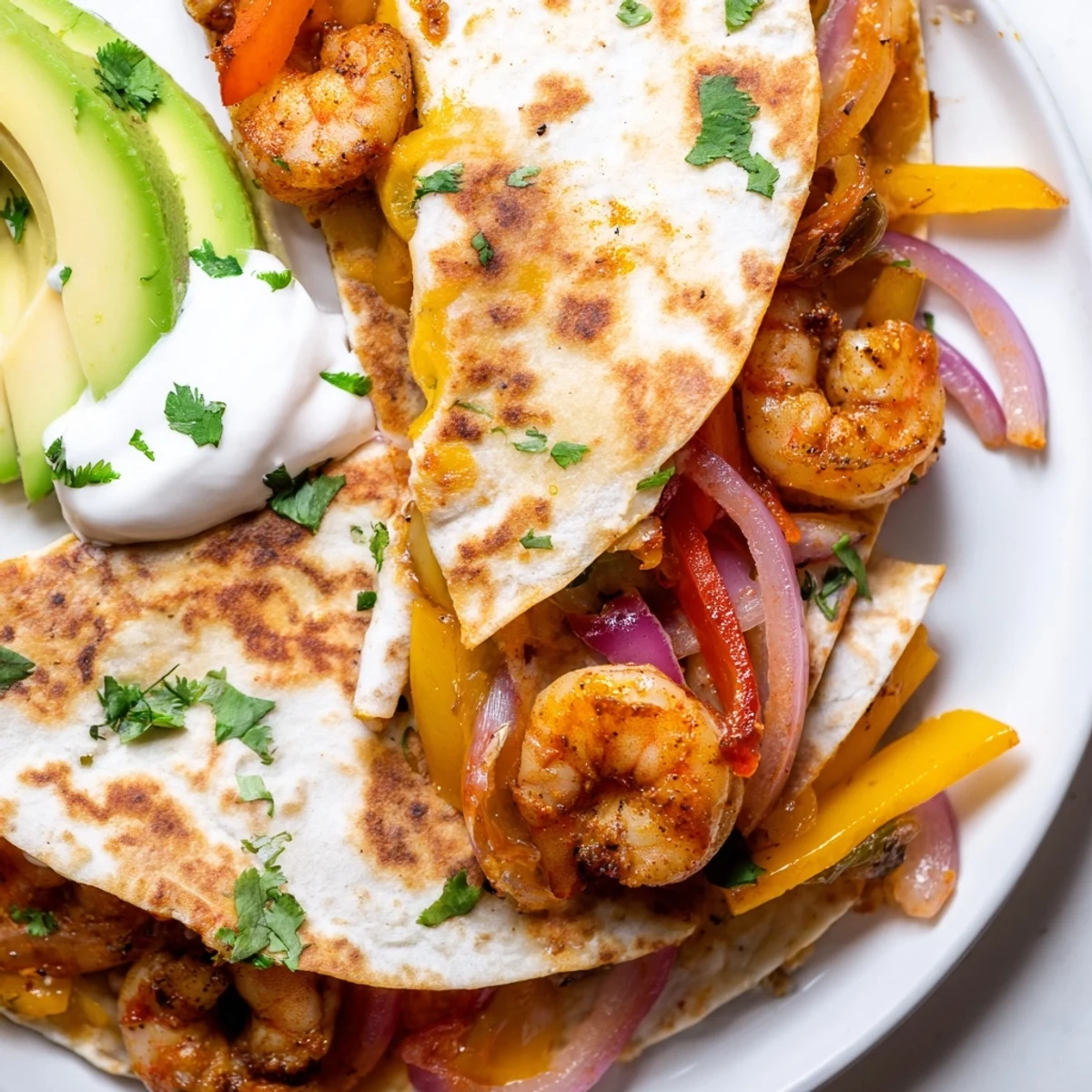 A vibrant plate of Shrimp Fajita Sheet Pan Quesadillas topped with creamy avocado and a dollop of sour cream.