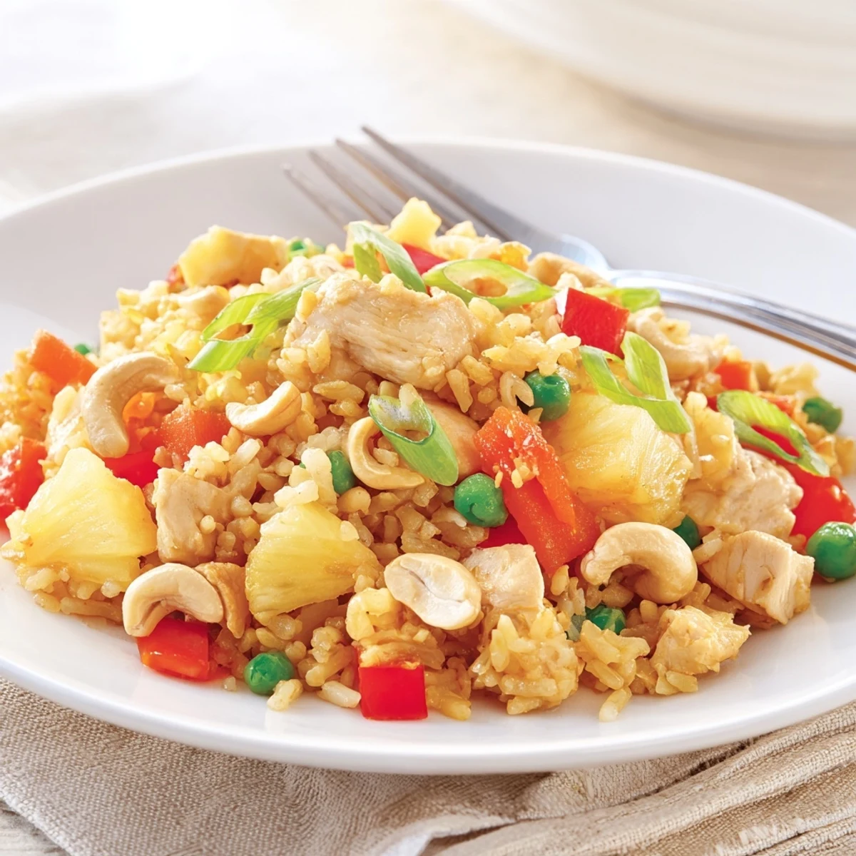 A close-up of Pineapple Chicken Fried Rice with Cashews highlights tender chicken, sweet pineapple, and crunchy nuts.