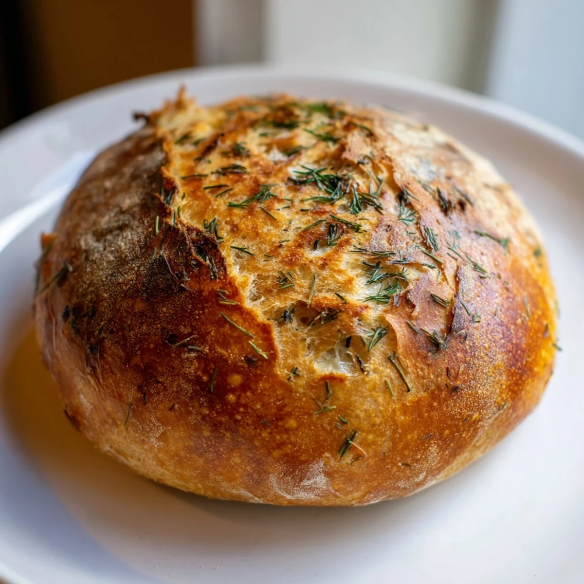 Freshly baked No-Knead Dill Gouda Artisan Bread rests on a wooden board, showing its golden crust and soft, cheesy crumb.