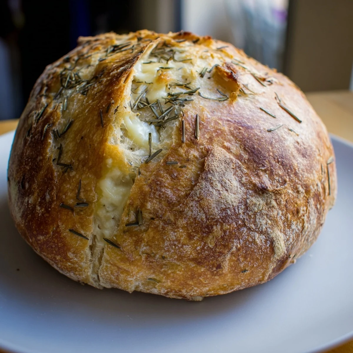 A rustic round loaf of No-Knead Dill Gouda Artisan Bread with visible dill flecks and melted Gouda, ready to be served warm.