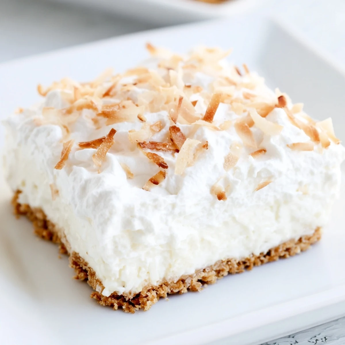 Coconut Cream Dream Bars display toasted coconut flakes on creamy filling, perfect for a summer potluck dessert.