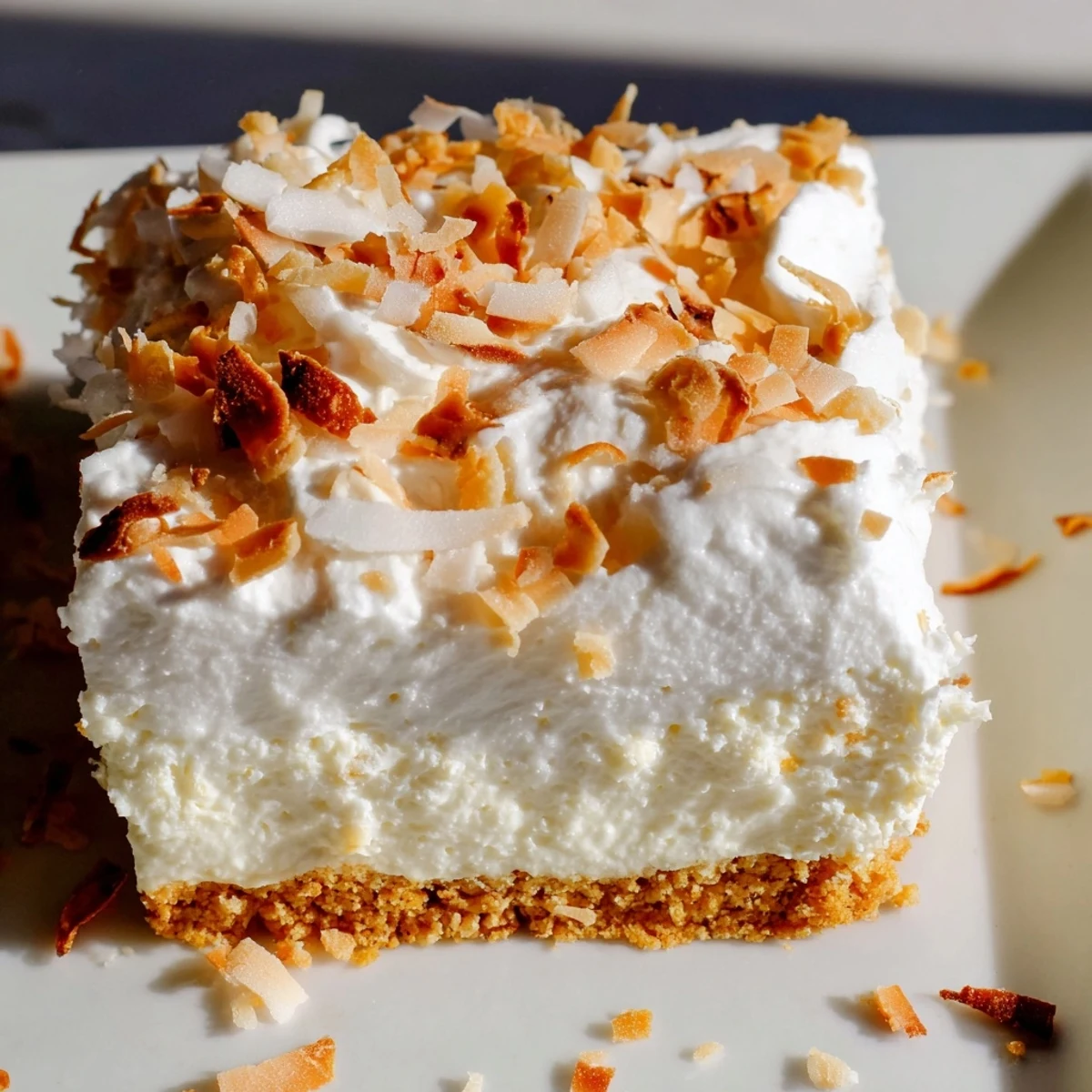 Overhead view of Coconut Cream Dream Bars with layered textures and sweet vanilla scent, ideal for sharing.