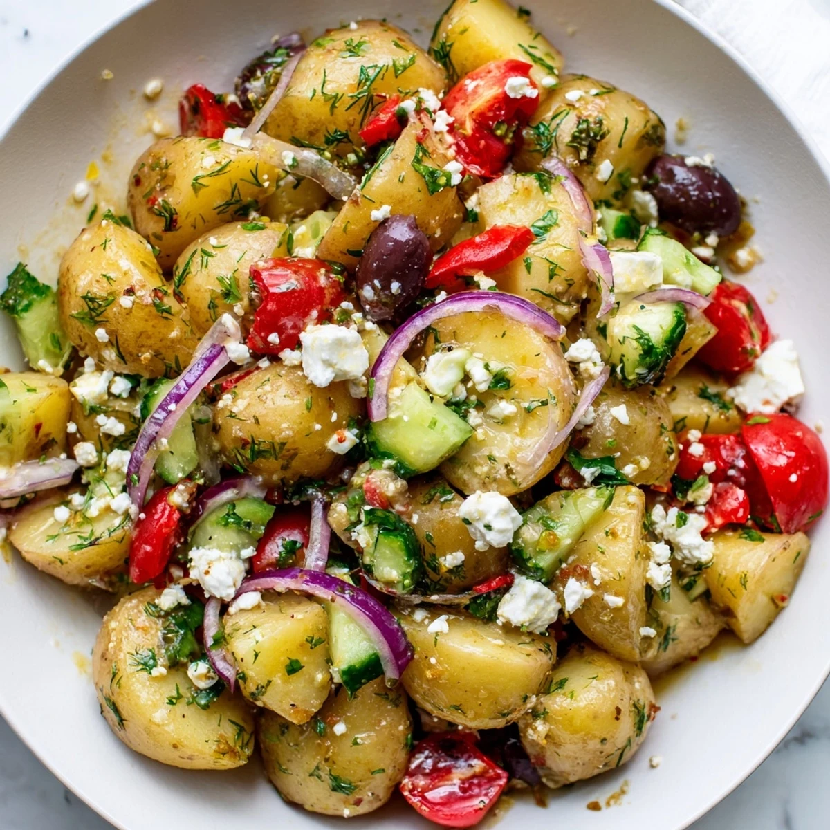 Tender potatoes, crisp vegetables, and briny Kalamata olives in the Refreshing Olive Greek Potato Salad, served chilled in a rustic bowl.