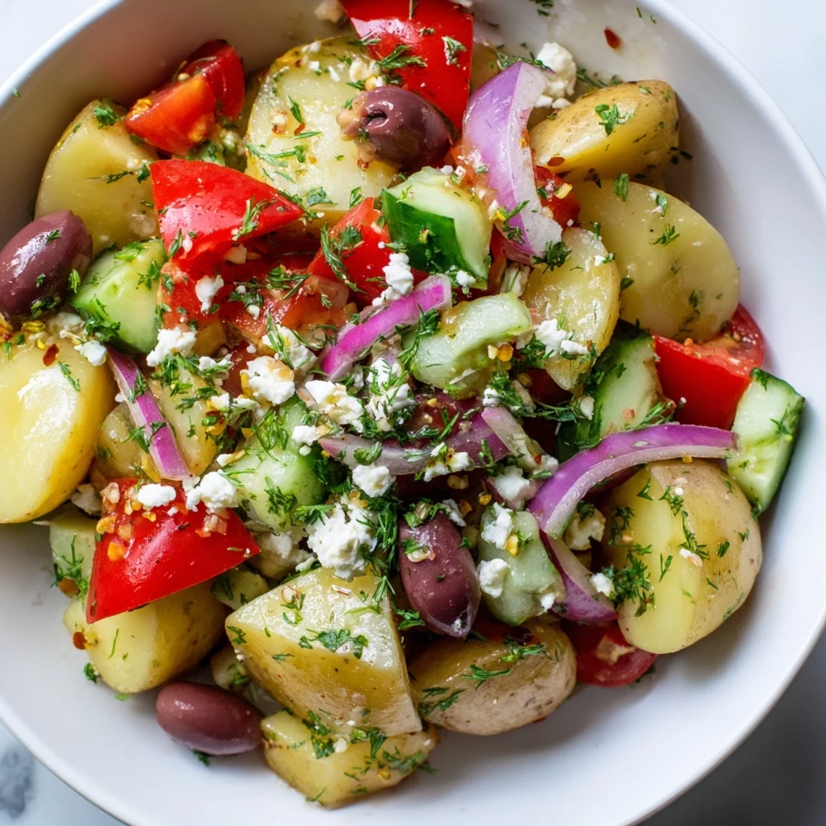 A colorful close-up of Refreshing Olive Greek Potato Salad with crumbled feta, fresh herbs, and a tangy Greek dressing for summer gatherings.
