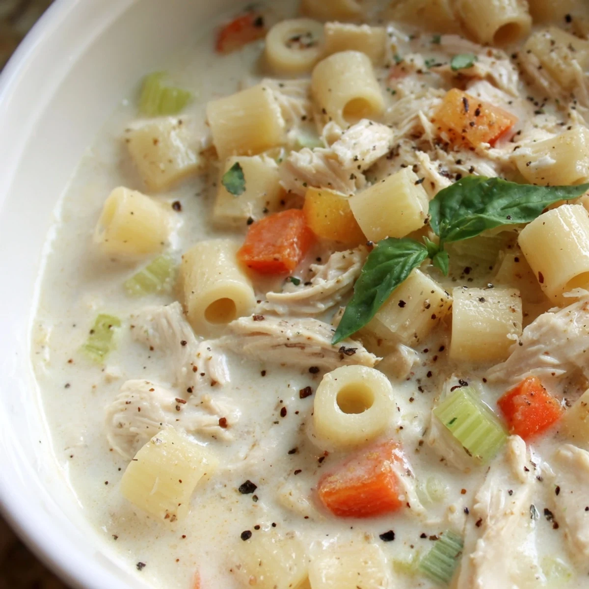 A warm bowl of Crock Pot Creamy Chicken Parmesan Soup garnished with fresh basil and a swirl of rich Parmesan cream.