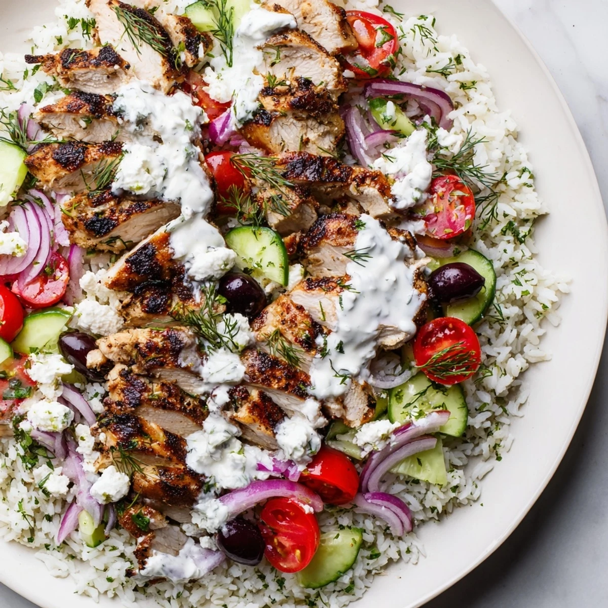 Colorful Greek Chicken Bowls with sliced tender chicken, tomatoes, cucumbers, olives, feta, and herbed rice topped with tzatziki.