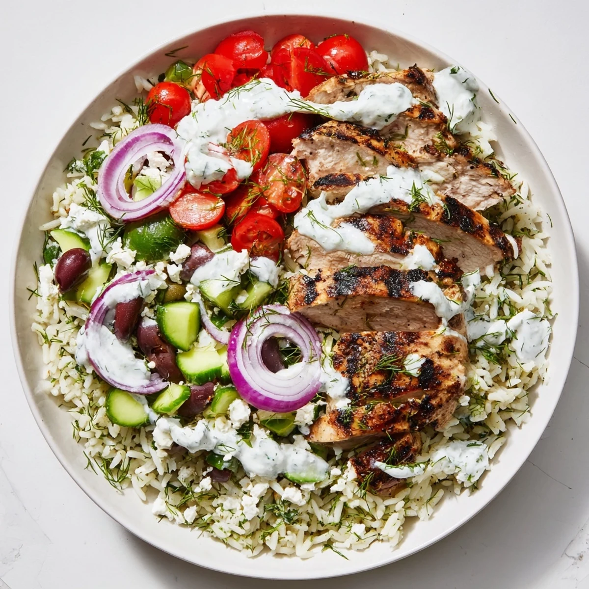 Bright Greek Chicken Bowls feature juicy marinated grilled chicken, fresh diced veggies, herbed rice, and creamy tzatziki sauce.