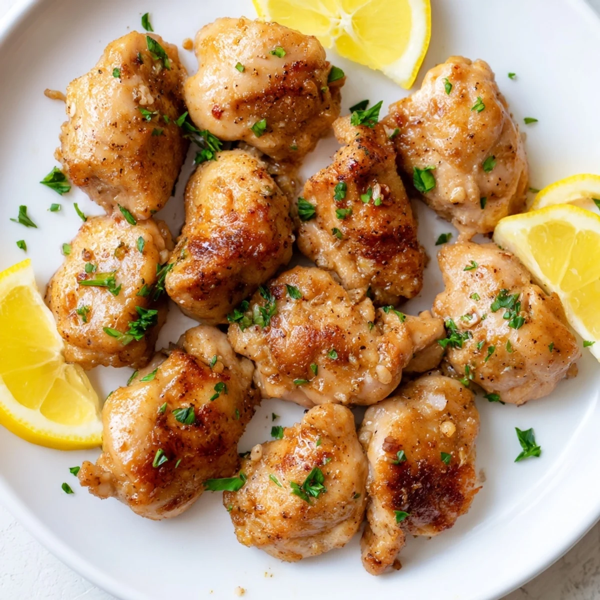 Golden-brown Oven Baked Chicken Breasts resting on a parchment-lined tray, garnished with fresh parsley and lemon wedges.