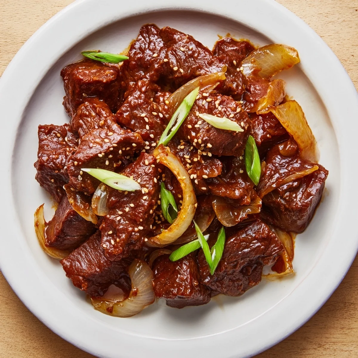A slow cooker filled with fork-tender Crock Pot Korean Beef, garnished with green onions and sesame seeds.