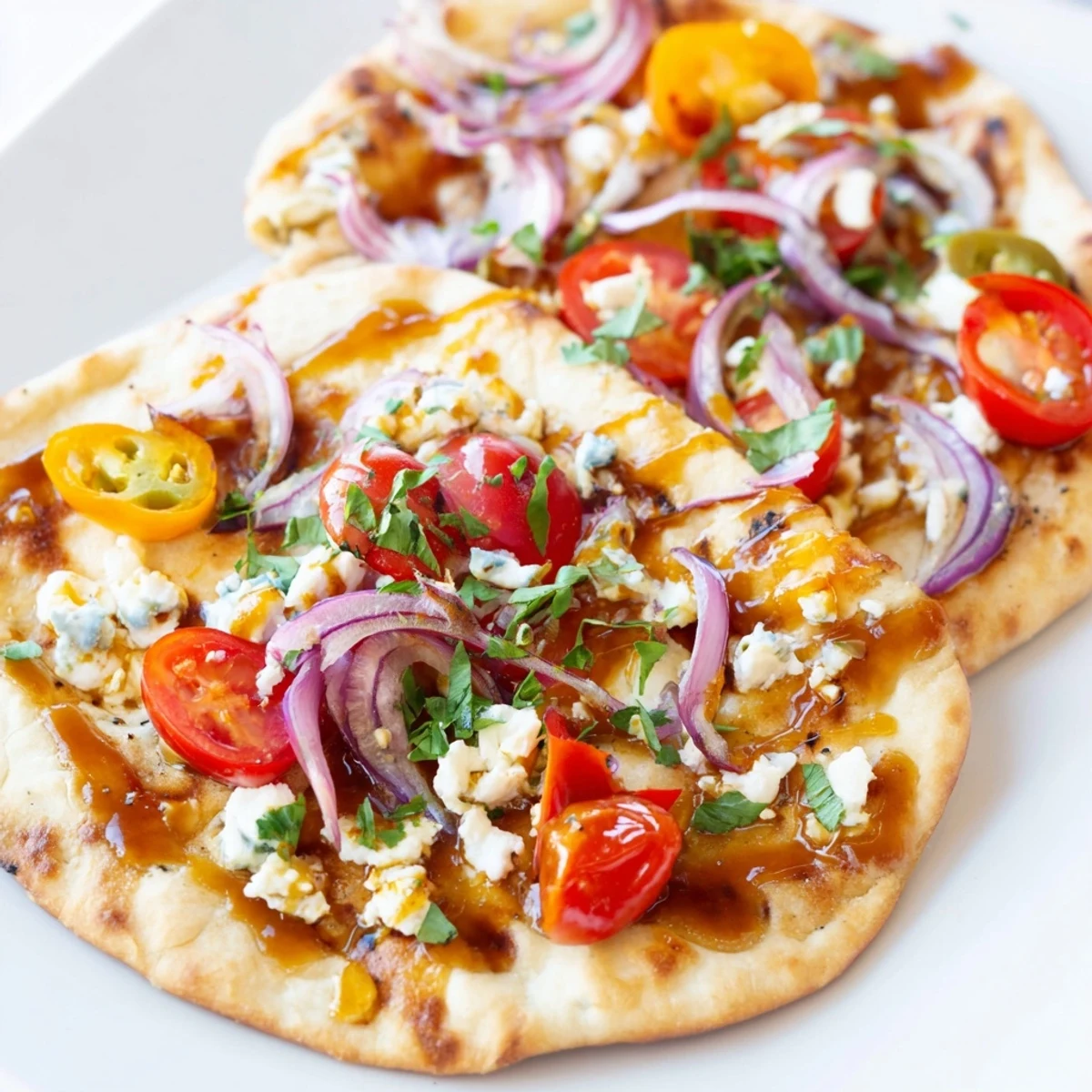 Freshly baked Sweet Heat Honey Garlic Flatbread Pizza with melty mozzarella, jalapeños, and vibrant bell peppers on a golden crust.