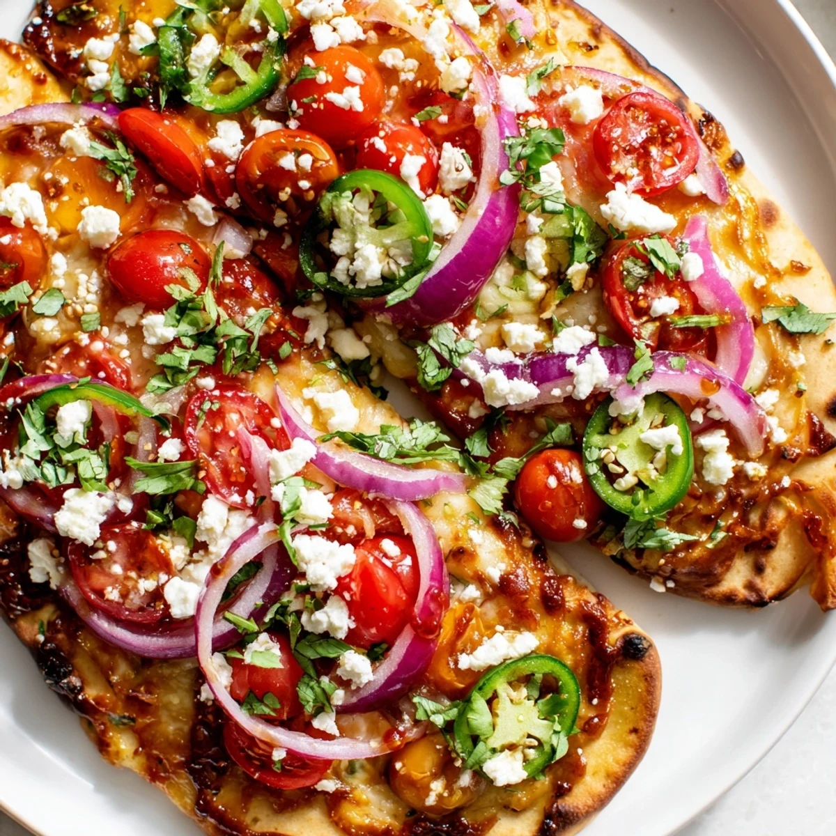 Sliced Sweet Heat Honey Garlic Flatbread Pizza showing bubbling cheese, red onion, and cherry tomatoes on a rustic wooden board.