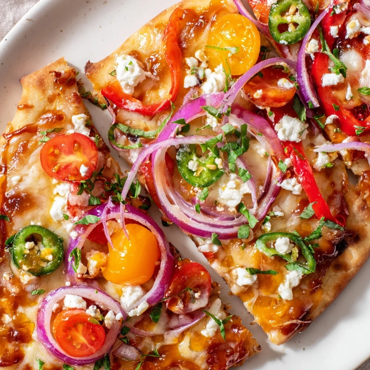 Close-up of Sweet Heat Honey Garlic Flatbread Pizza drizzled with spicy honey sauce, topped with feta and fresh cilantro.