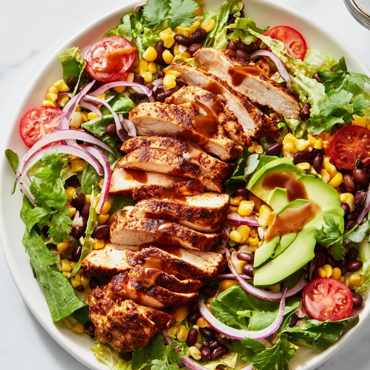 Sliced chipotle lime chicken rests on a bed of crisp greens with avocado and black beans.