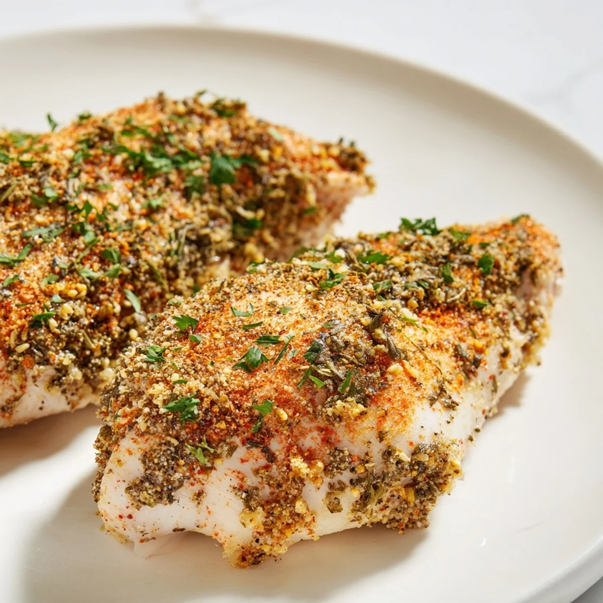 Tender oven baked chicken breasts with golden edges, fresh parsley garnish, and lemon wedges for a bright, zesty serving suggestion.