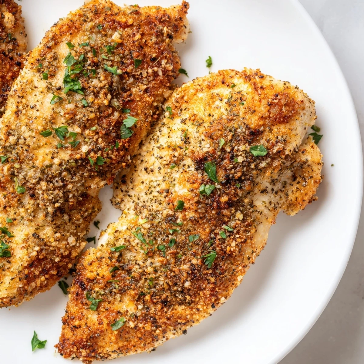 Sliced oven baked chicken breasts reveal moist, white meat with herbs and spices, ideal for a gluten-free family meal.