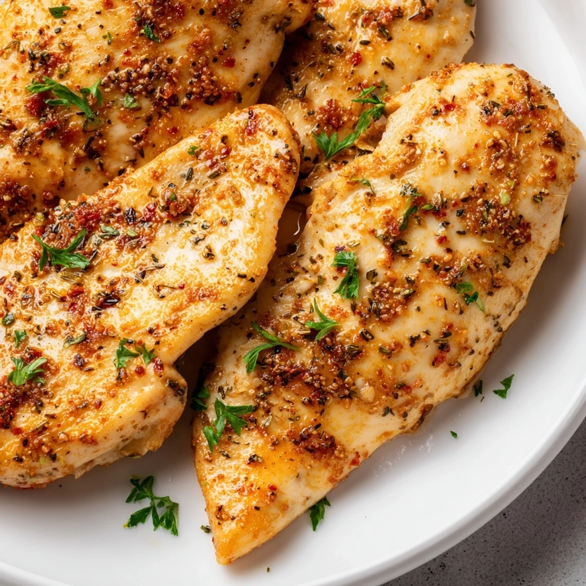 Juicy oven baked chicken breasts rest beside colorful roasted vegetables on a rustic wooden table, perfect for a wholesome dinner.