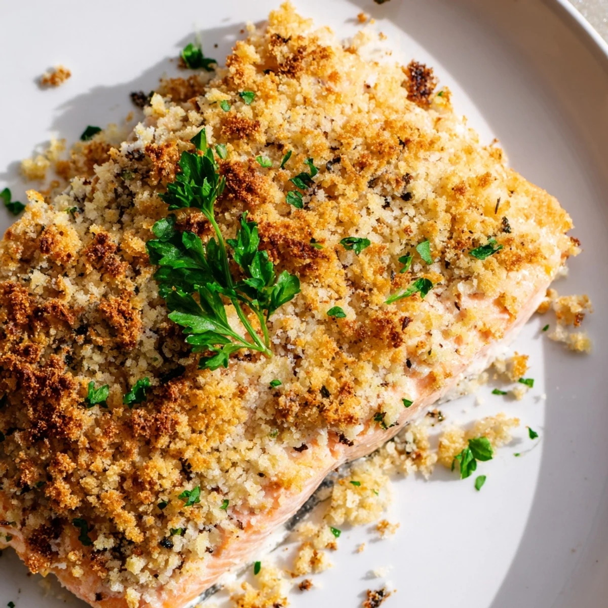Freshly baked Crispy Parmesan Salmon Bake with golden crumbs and lemon wedges on a rustic plate. 