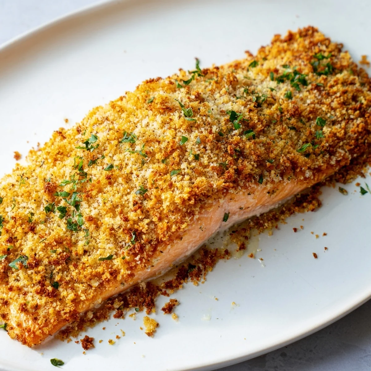 Golden Crispy Parmesan Salmon Bake fillet served with lemon and steamed asparagus on a plate.