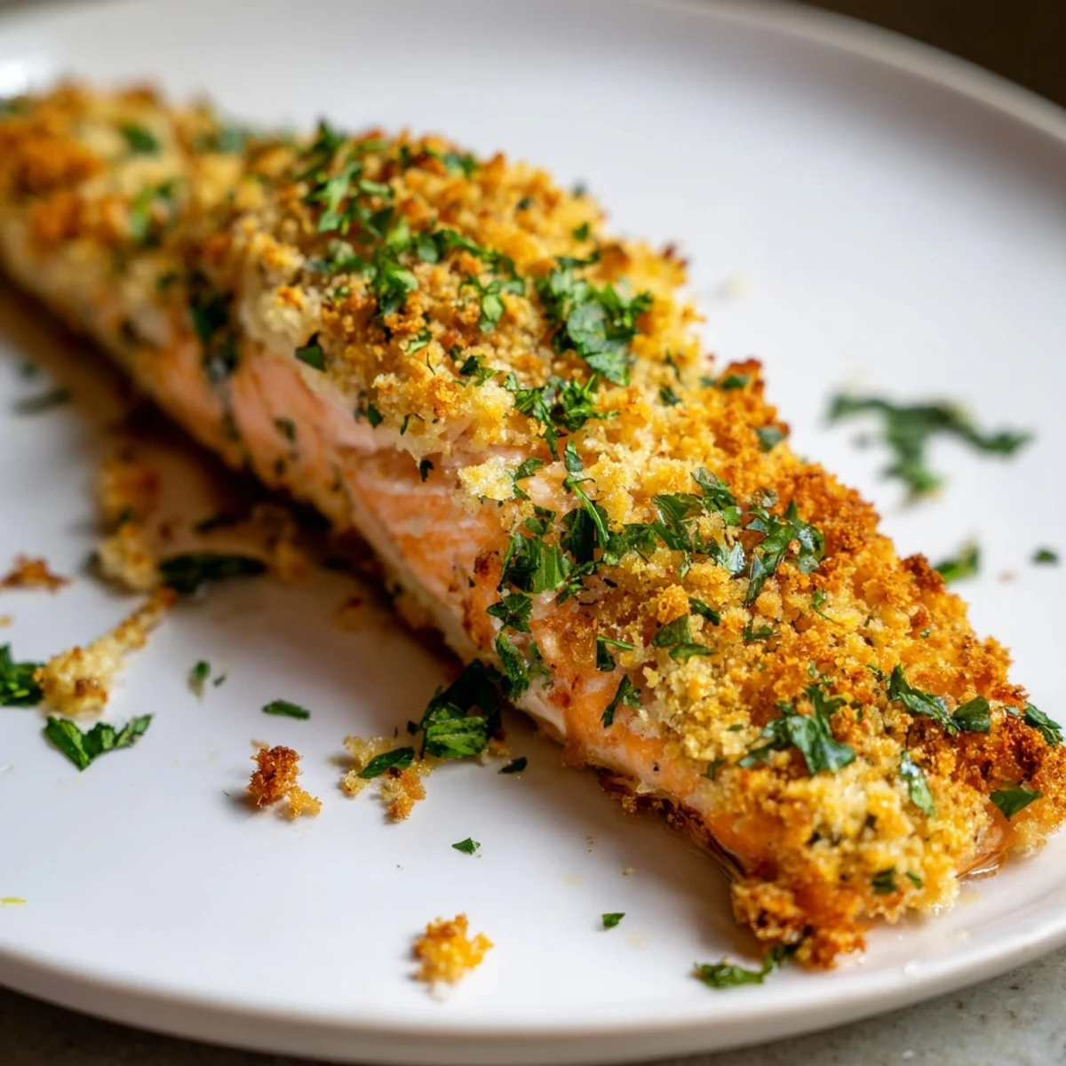 Warm Crispy Parmesan Salmon Bake topped with melted cheese and herbs beside a crisp green salad. 
