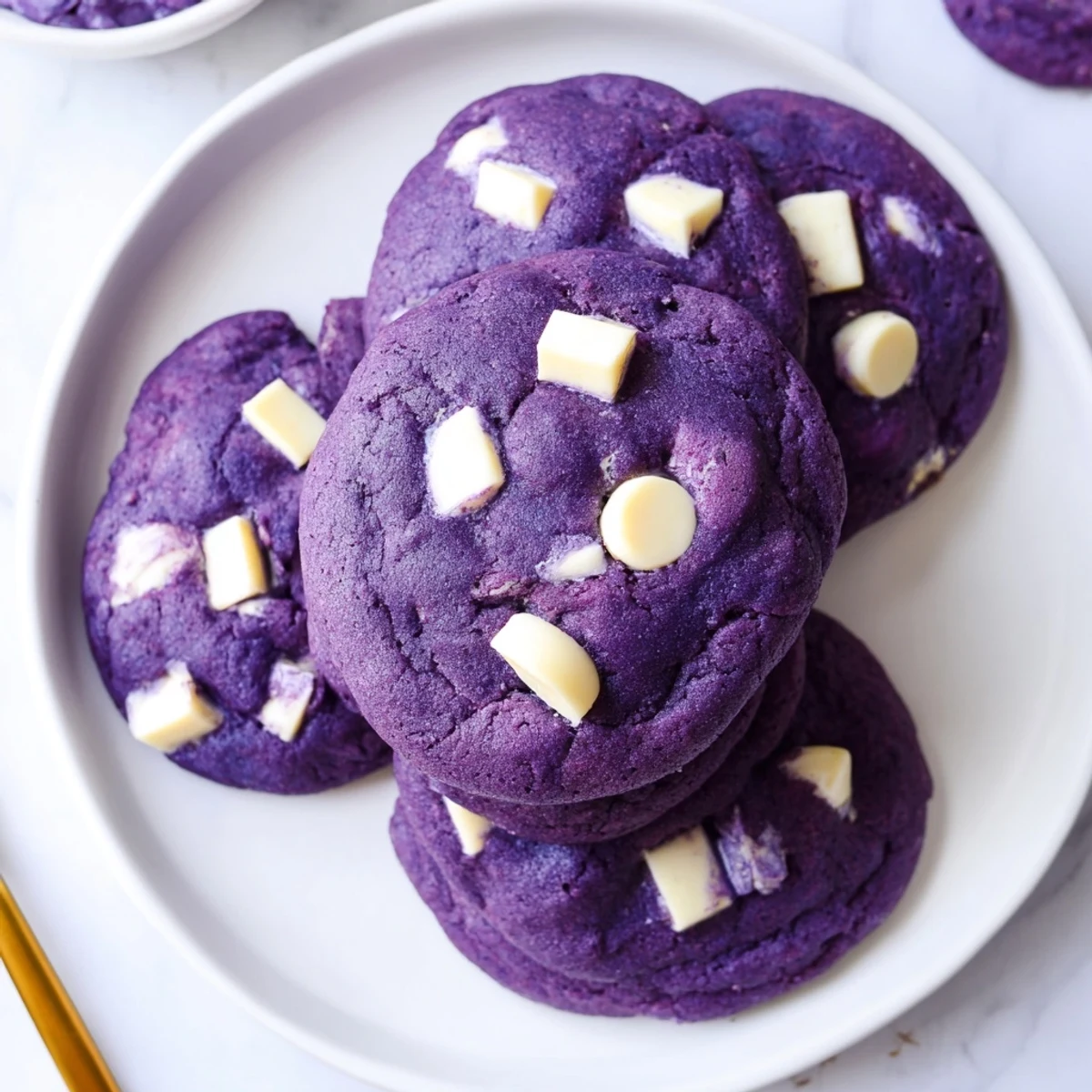 Freshly baked White Chocolate Ube Cookies display a vibrant purple hue, served alongside a glass of milk for dipping.