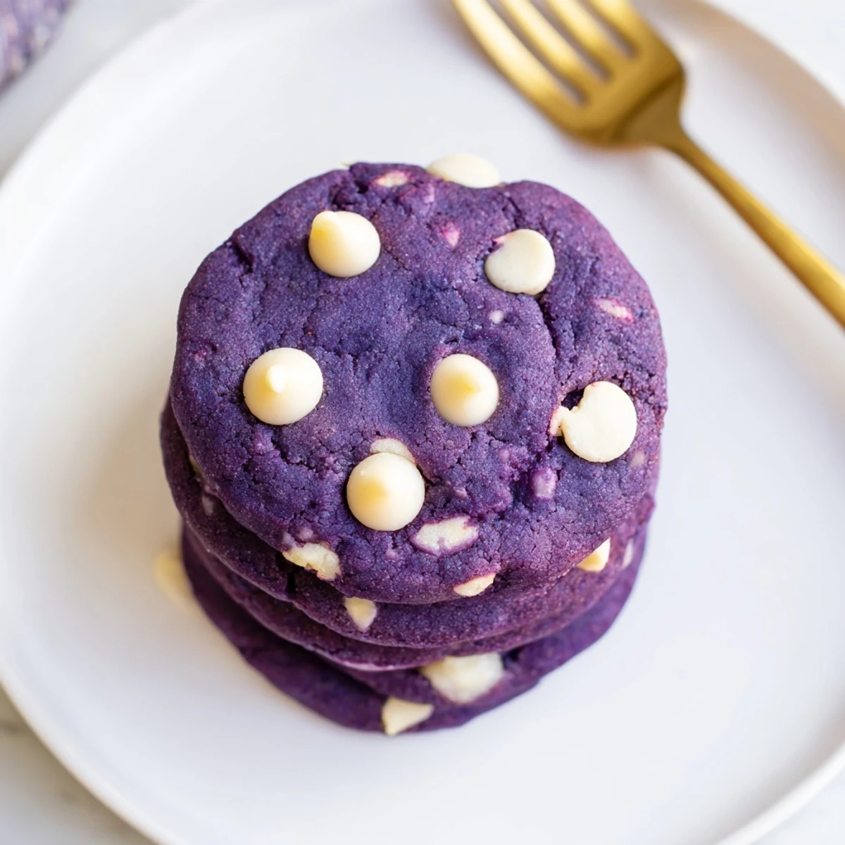 Close-up of White Chocolate Ube Cookies on a wire rack, showing melted white chocolate chunks and a soft, crumbly texture.