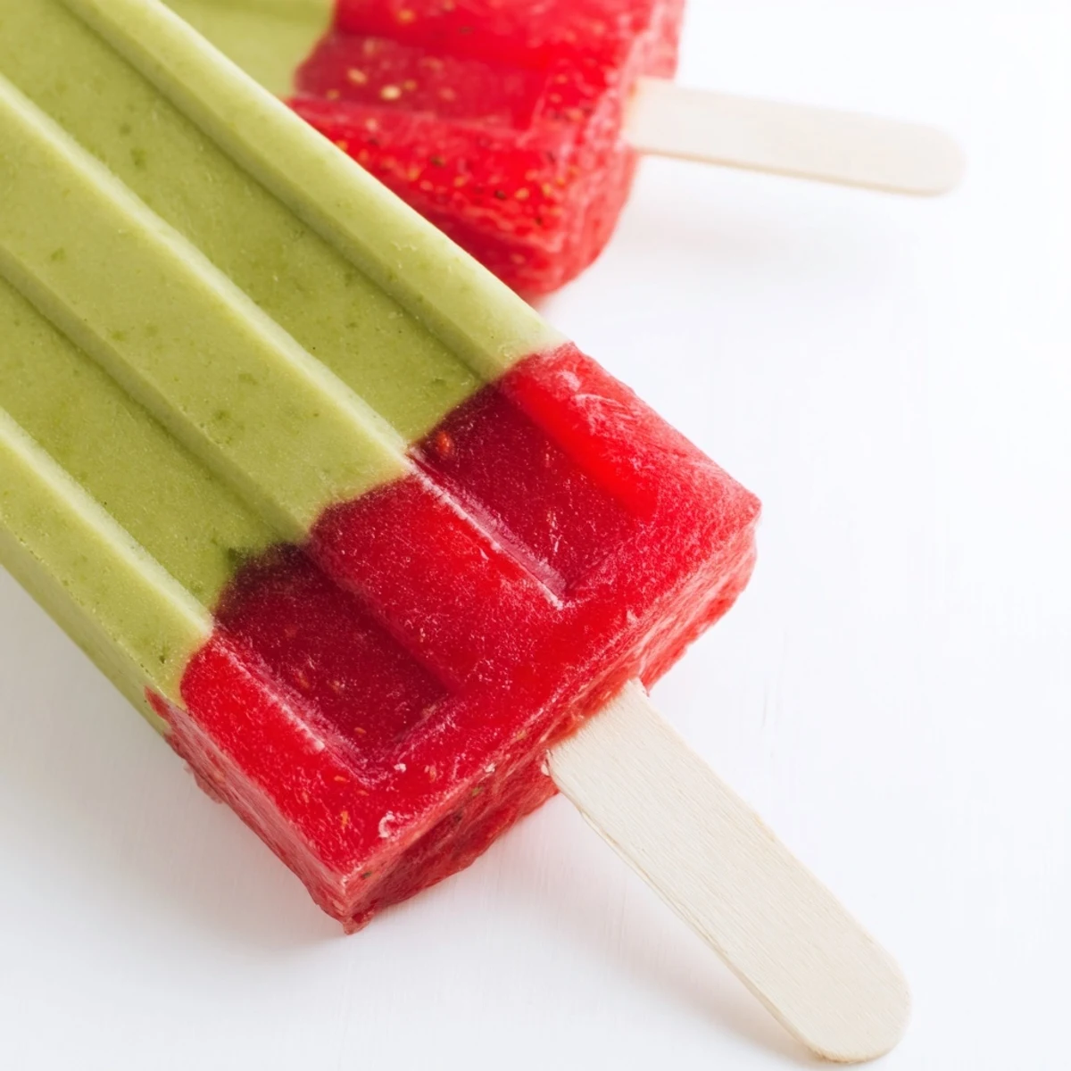 A close-up view of a handheld Strawberry Matcha Latte Popsicle, dripping with melted strawberry puree and ready to be enjoyed on a sunny afternoon.