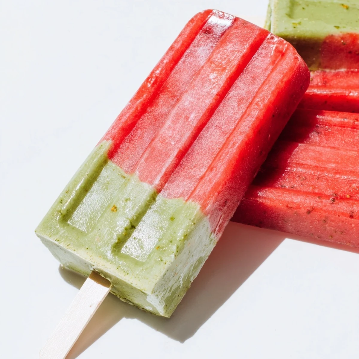 Homemade Strawberry Matcha Latte Popsicles standing upright against a rustic wooden background, highlighting the contrast between sweet berry and earthy green tea flavors.