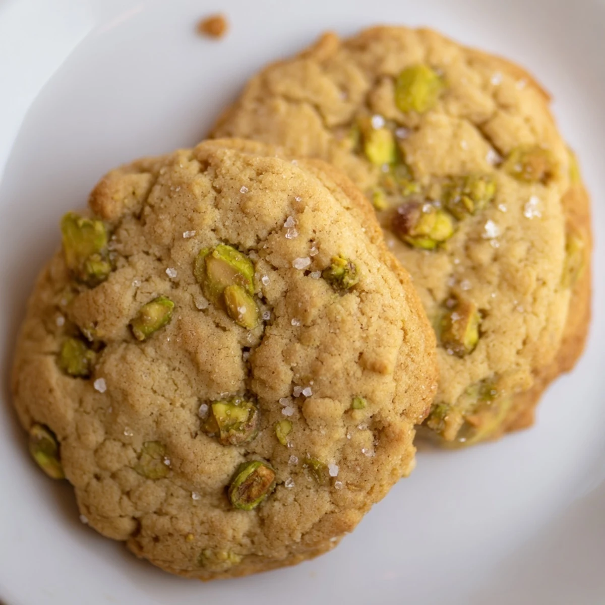Golden-brown Salted Honey Pistachio Cookies cooling on a wire rack, topped with flaky sea salt.