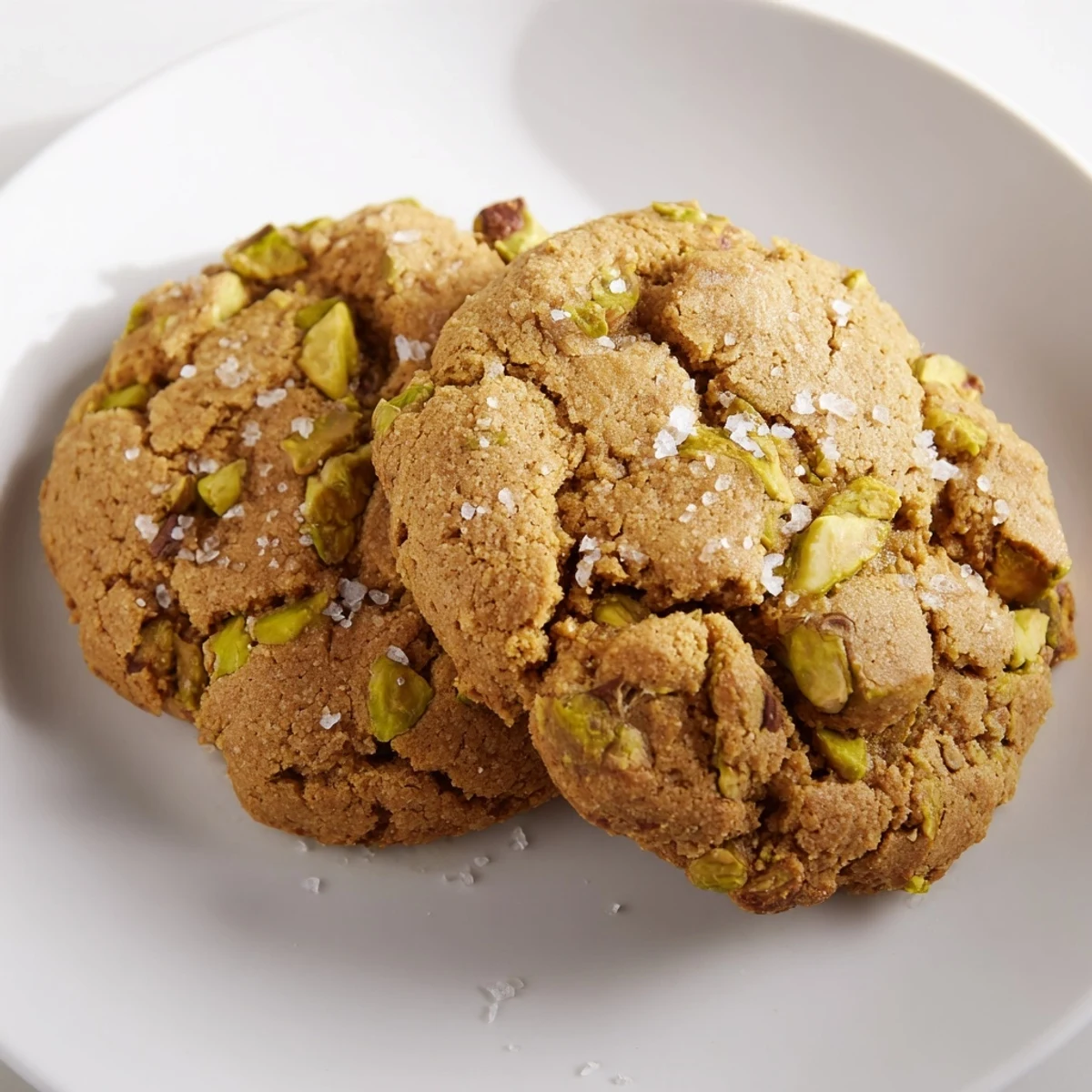 Chewy Salted Honey Pistachio Cookies stacked high with pistachio pieces and a honey drizzle.