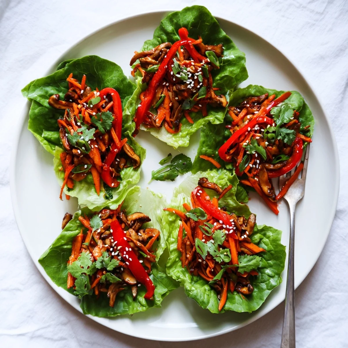 Delicious Shiitake Mushroom Lettuce Wraps served fresh with gluten-free tamari and vibrant red bell peppers.
