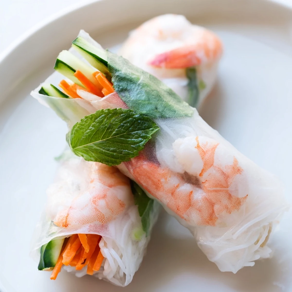Delicate Vietnamese Spring Rolls ready to serve, featuring shrimp, vermicelli noodles, and fresh vegetables beside a small bowl of creamy peanut dipping sauce.