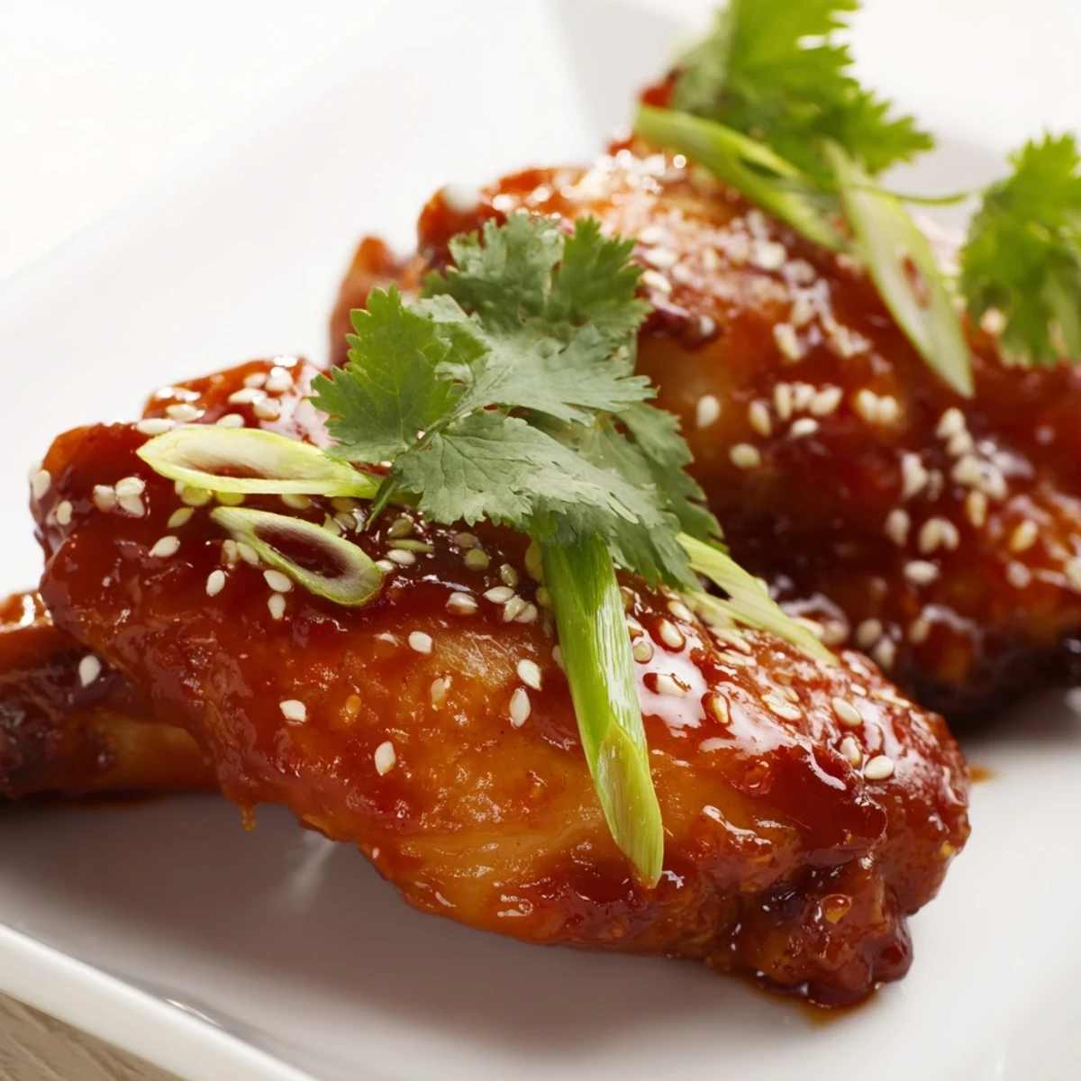Tender chicken coated in vibrant glaze on plate, Sweet and Spicy Thai Chicken garnished with cilantro and lime wedges.