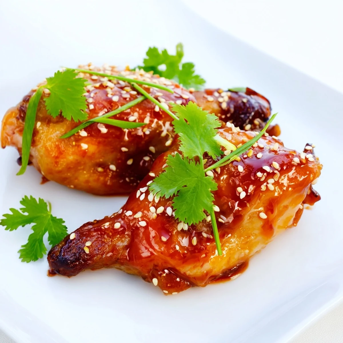 A skillet of Sweet and Spicy Thai Chicken glistens with golden pieces and sesame seeds beside fluffy steamed jasmine rice.