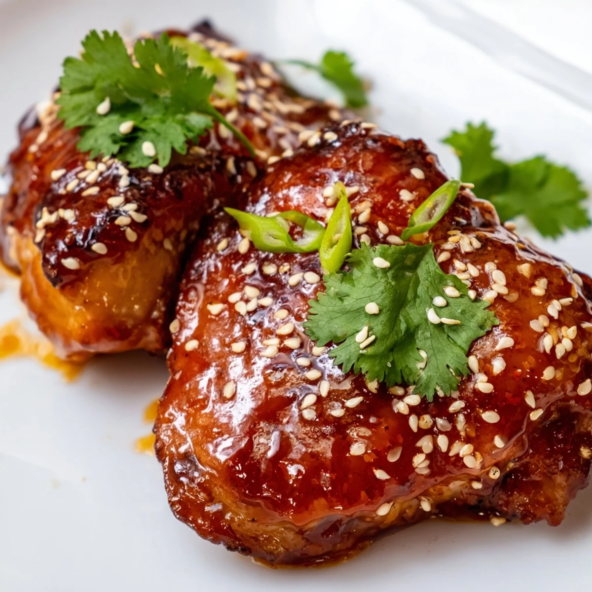 Close-up of Sweet and Spicy Thai Chicken on noodles with green onions, lime, and chili heat ready for dinner.