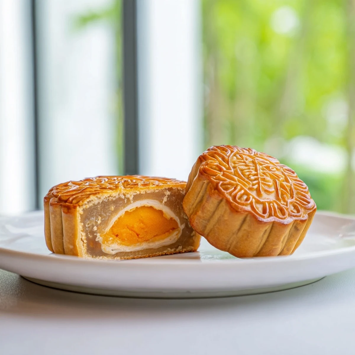 Freshly baked mooncake with golden-brown crust and intricate floral design, resting on parchment paper.