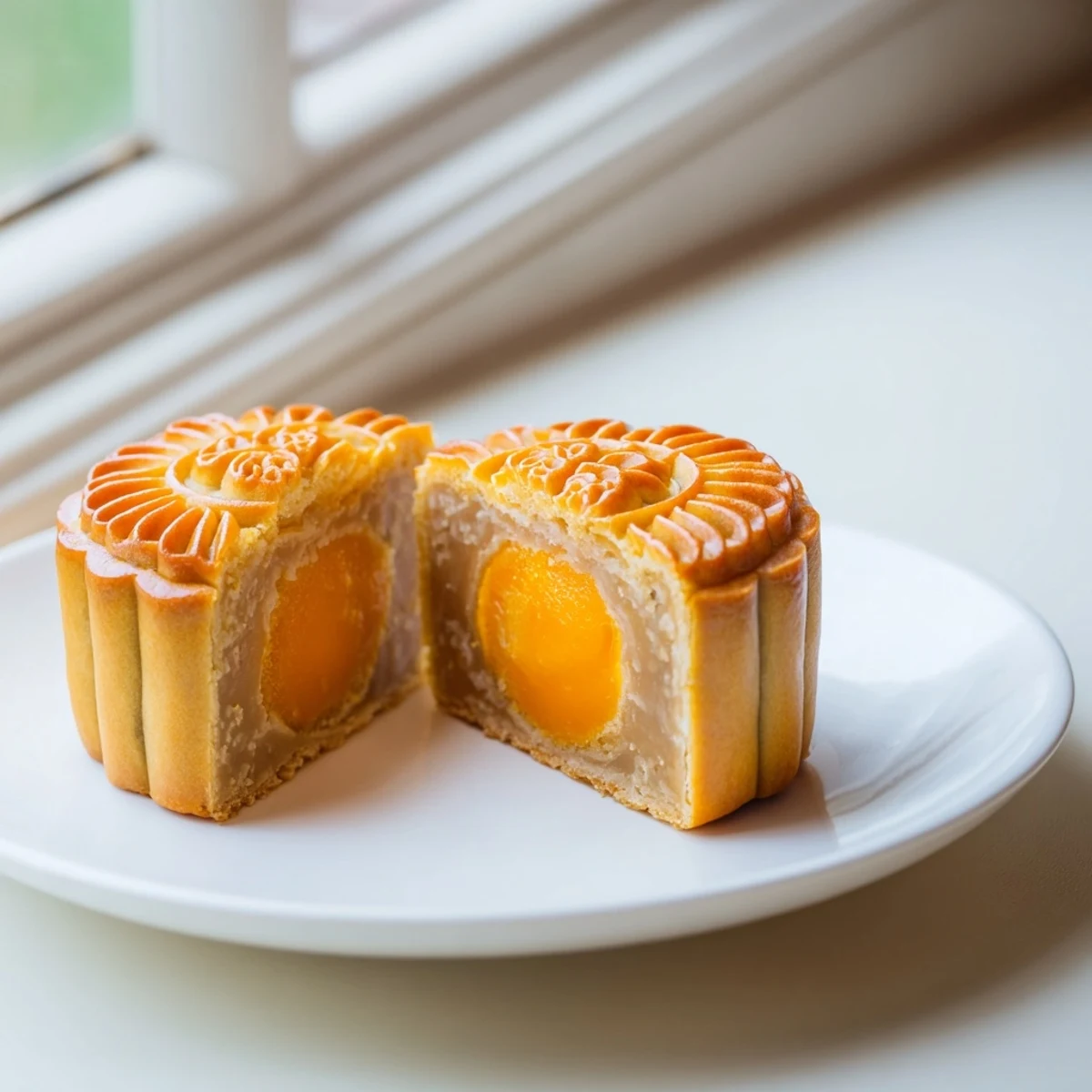 Close-up of a mooncake sliced open to reveal sweet lotus seed paste and salted yolk.