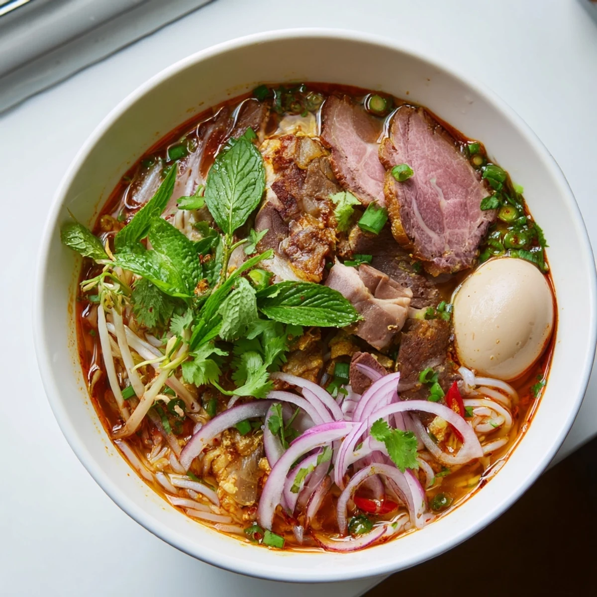 Steaming bowl of Bun Bo Hue with thick rice noodles and tender beef slices.