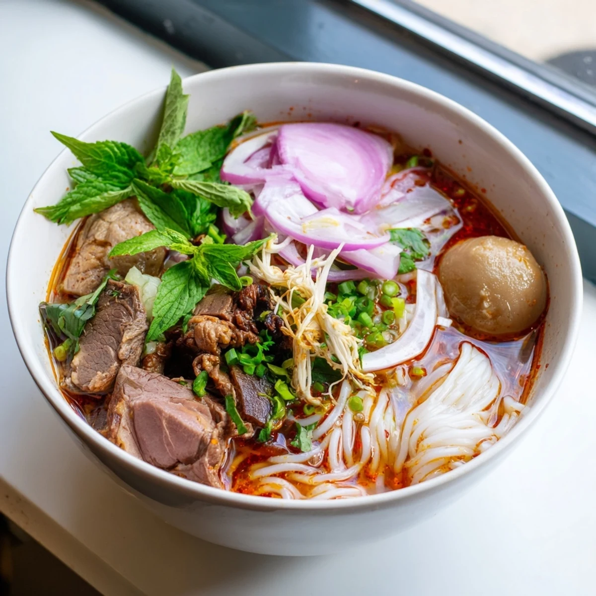 Aromatic Bun Bo Hue soup featuring fresh herbs and bold lemongrass broth.
