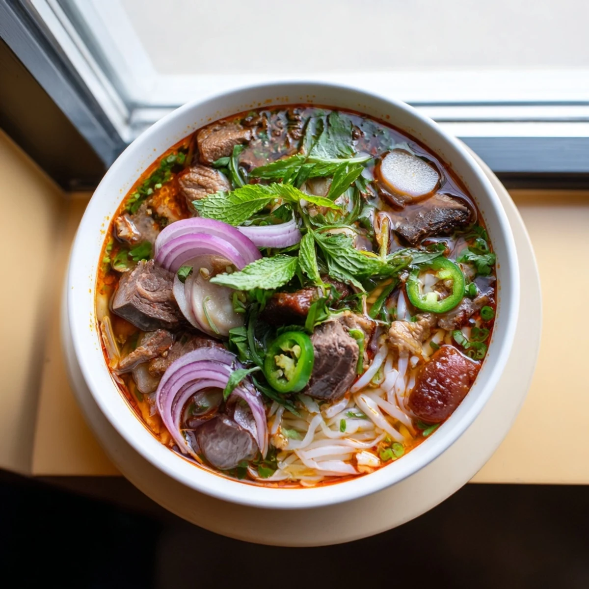 Spicy Vietnamese Bun Bo Hue served with lime wedges and chili oil drizzle.