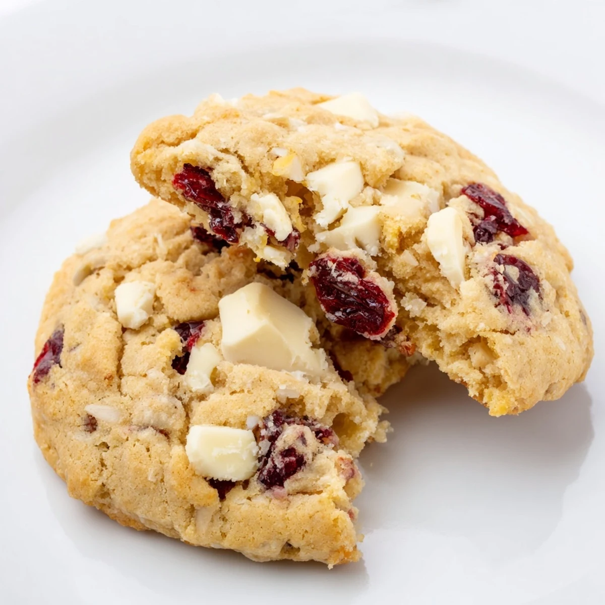 A close-up view of White Chocolate Cranberry Cookies revealing soft, chewy centers and glossy white chocolate chunks studded throughout.