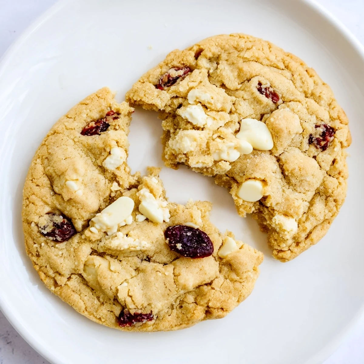 Freshly baked White Chocolate Cranberry Cookies on a cooling rack, their golden edges contrasting with creamy white chips and bright red cranberries.