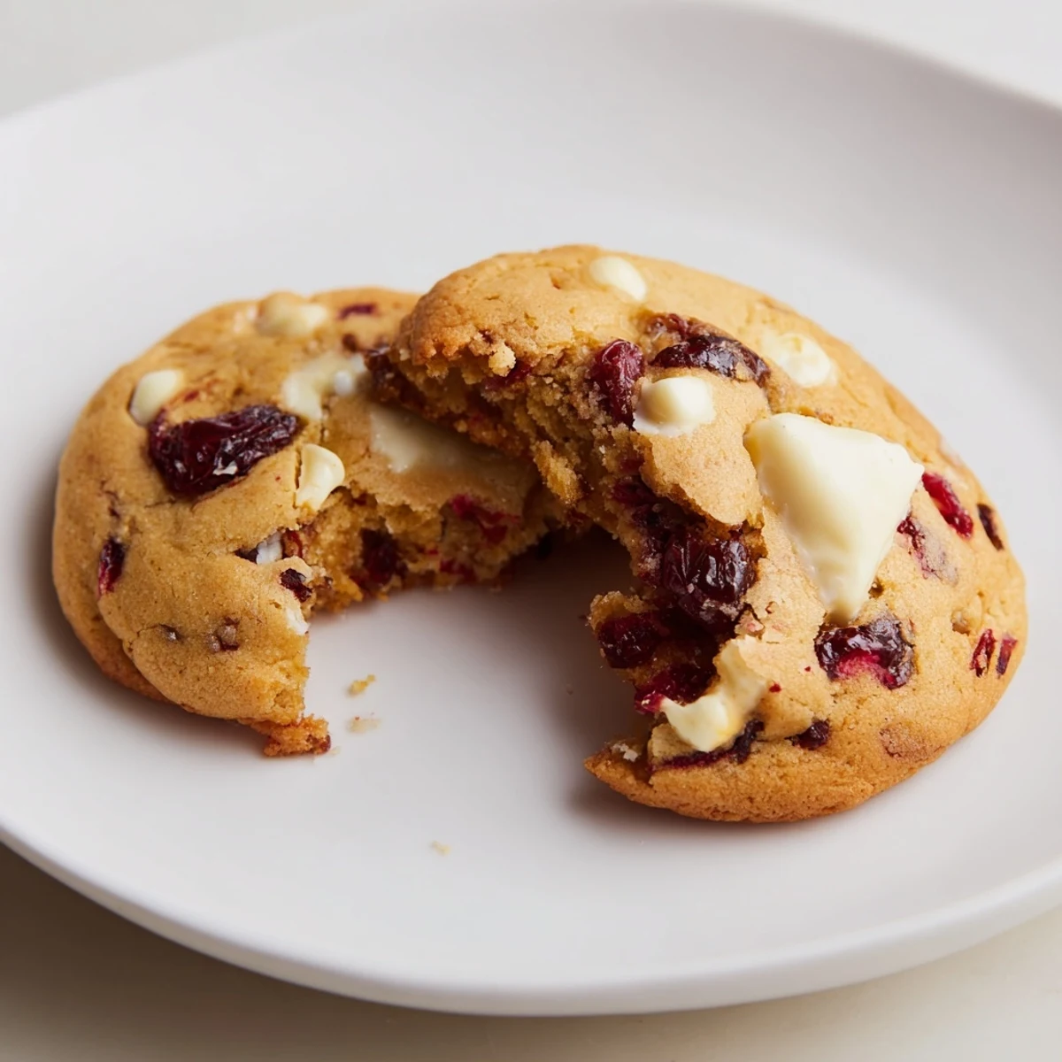 Plated White Chocolate Cranberry Cookies ready to serve, with a glass of milk nearby for a classic American treat.