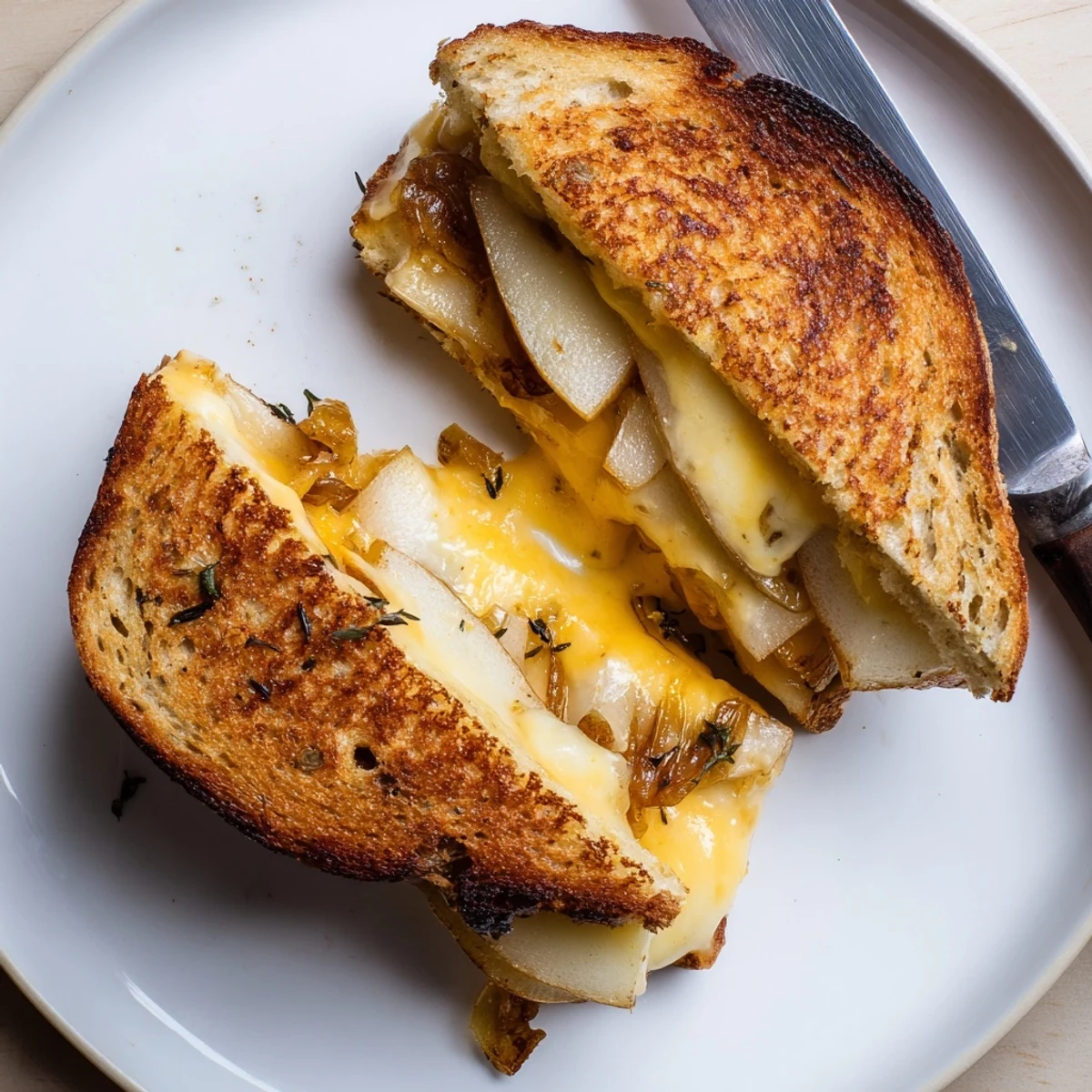 Golden, buttery grilled cheese sandwich with melted cheddar, sweet pear and apple slices, and savory caramelized onions on sourdough.