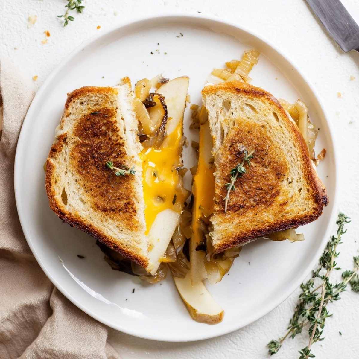 A gourmet Pear, Apple & Grilled Cheese with Caramelized Onions served warm beside a fresh salad on a wooden table.