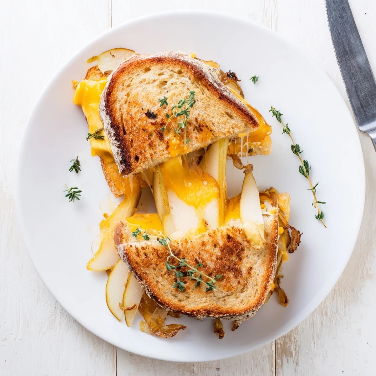 Close-up of a vegetarian main dish featuring a crispy, golden-brown grilled cheese stuffed with fruit and rich caramelized onions.
