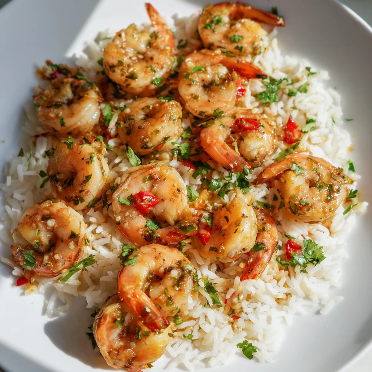 Aromatic lemongrass shrimp sizzling in a skillet next to fluffy coconut rice ready to be served.