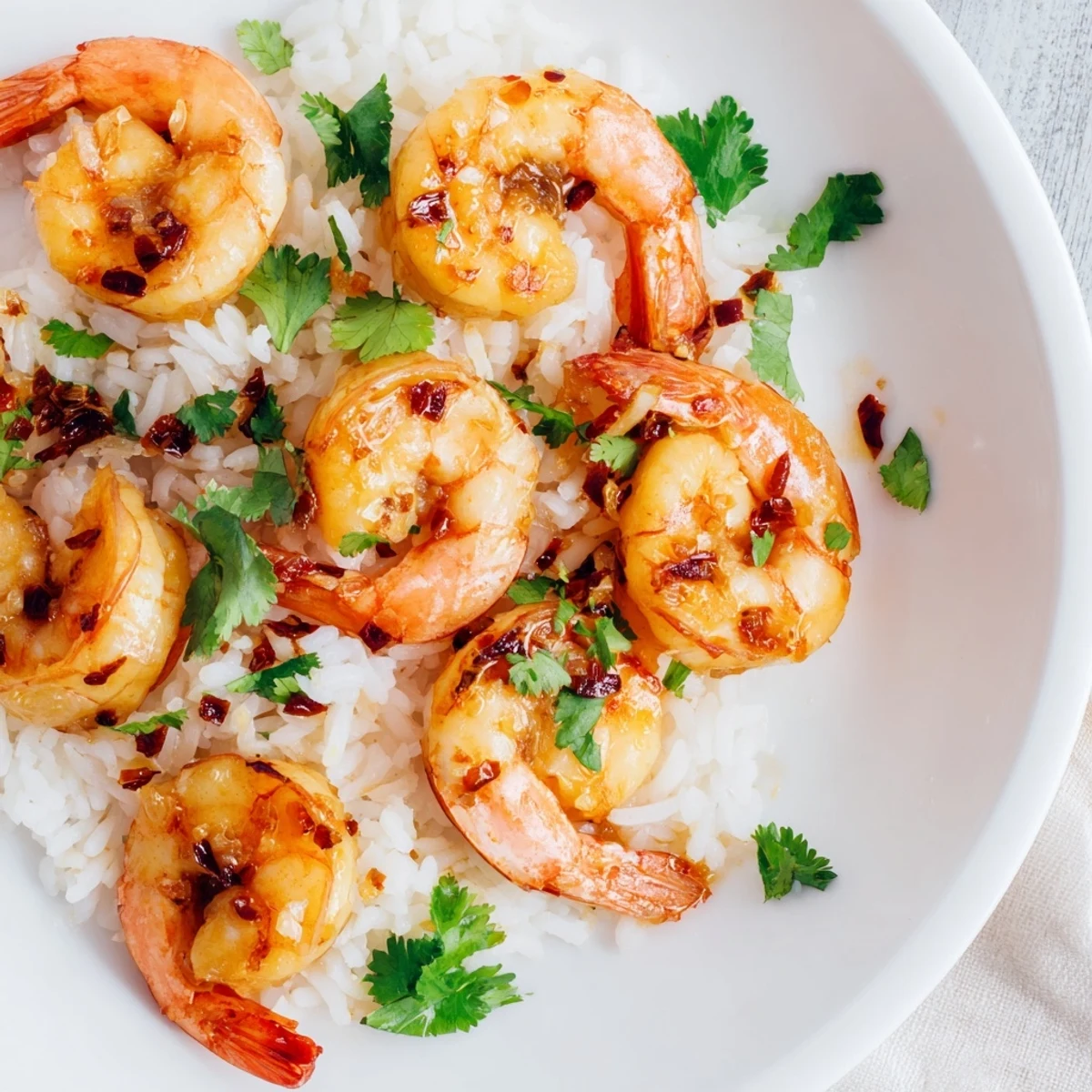 Spicy Lemongrass Shrimp With Coconut Rice plated with extra chili slices and a side of lime wedges.