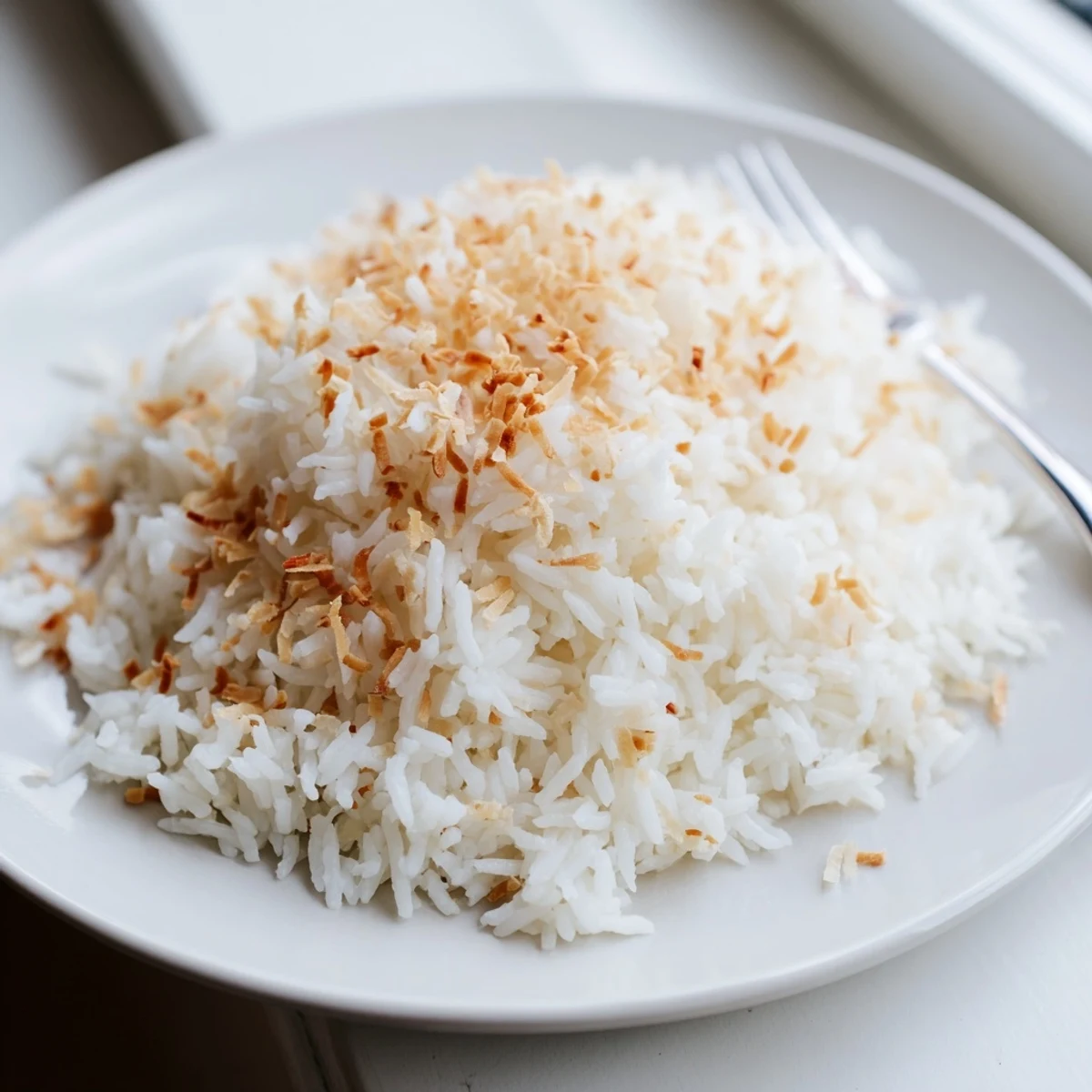 The fluffy The Best Coconut Rice in a white bowl with a fork, steaming gently with fragrant coconut aroma.