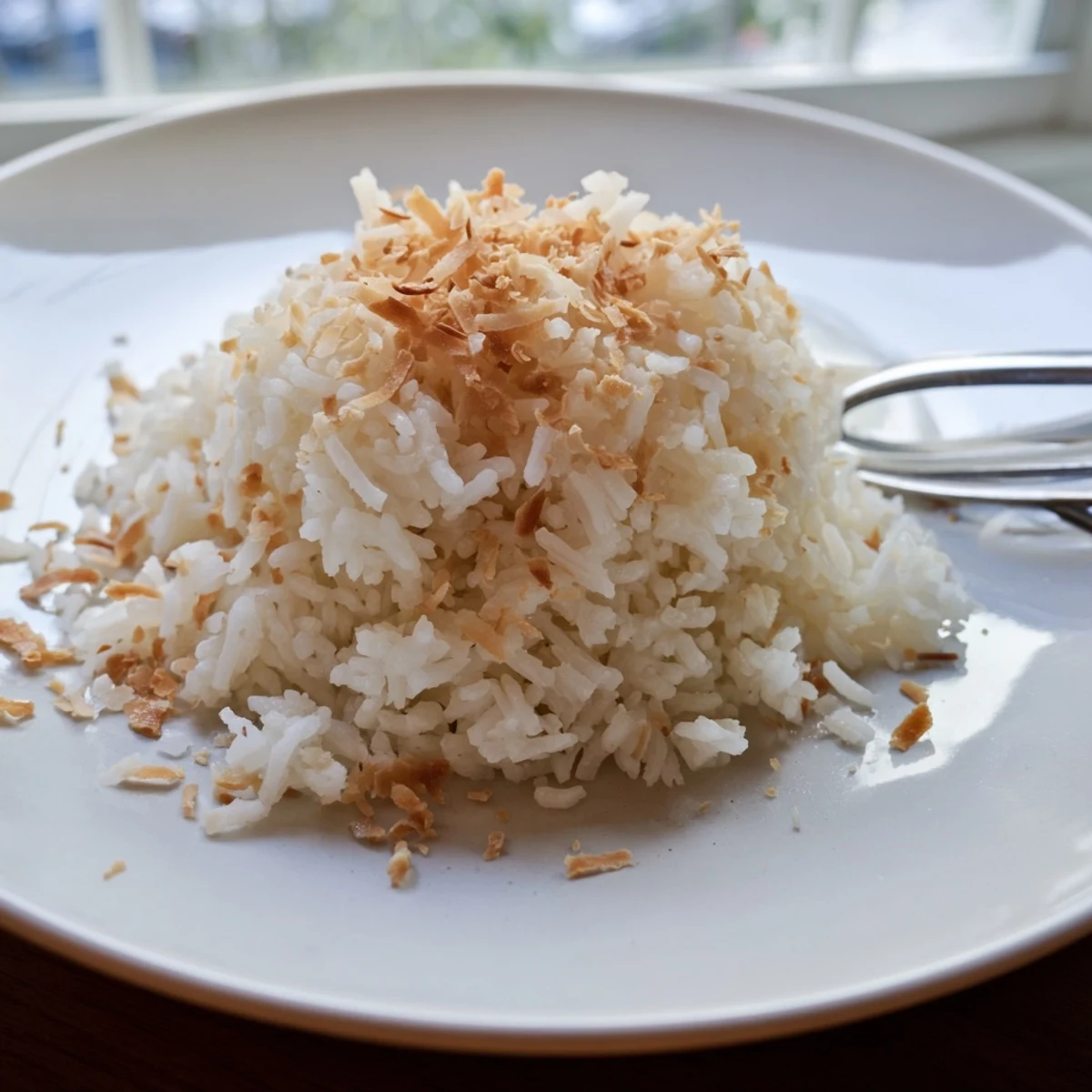 Close-up of creamy The Best Coconut Rice topped with toasted coconut flakes, highlighting its tender grains and subtle sweetness.